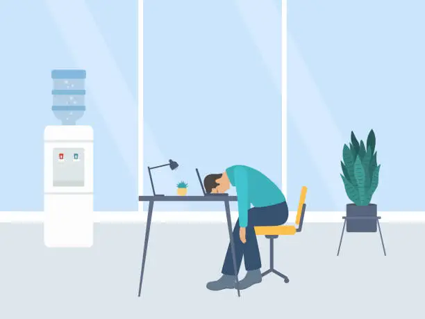 Vector illustration of Burnout Concept With Tired Male Office Worker Sitting With Head Down On Laptop. Long Working Day