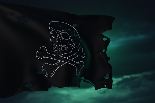 3d render illustration of pirate flag with skull and bones over dramatic sky.