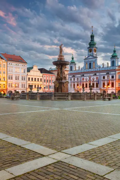 Cityscape image of downtown Ceske Budejovice, Czech Republic with Premysl Otakar II Square and Samson Fountain at summer sunset.