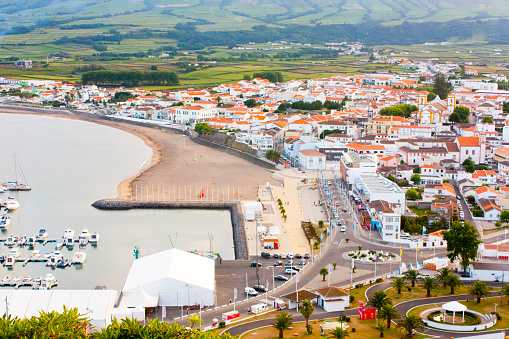 Praia da Vitória, Vitória beach, high angle view townscape, Terceira island, Azores, Portugal.