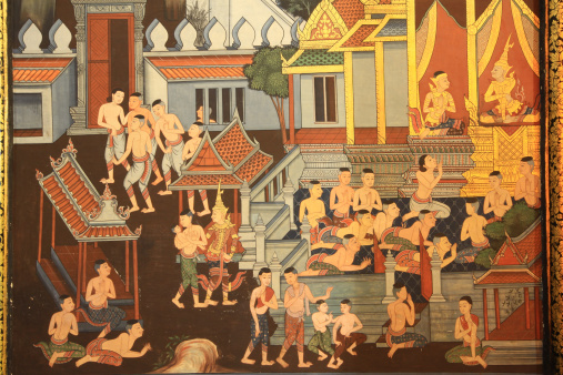 Thai Mural Painting in sanctuary, Wat Pho Temple, Bangkok, Thailand. It was painted in 1767.