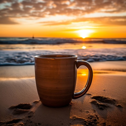 Beautiful mug for relaxation on the beach where sunset is there