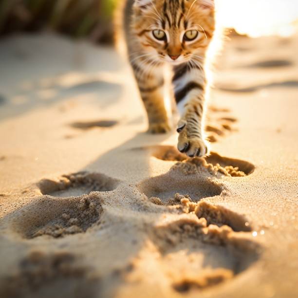 cat footprint on beach - paw print animal track footprint beach imagens e fotografias de stock