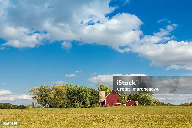 Американский Ферма С Старый Силосная Башня — стоковые фотографии и другие картинки Амбар - Амбар, Поле, Без людей