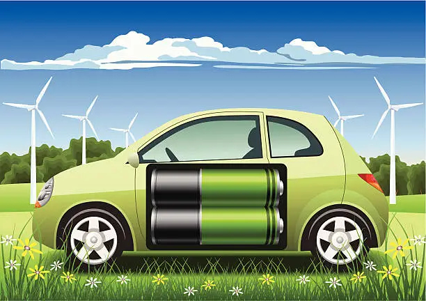 Vector illustration of Hybrid Car with Eco Batteries Inside