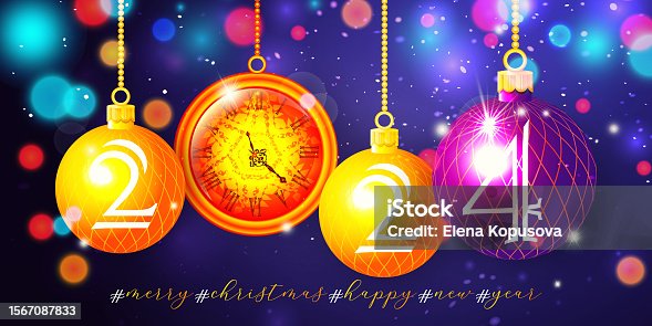 istock The concept of celebrating the New Year 2024 in a modern style. Set of colorful Christmas balls with clock on abstract colorful festive background with bokeh effect. 1567087833