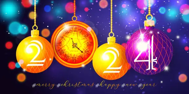 Vector illustration of The concept of celebrating the New Year 2024 in a modern style. Set of colorful Christmas balls with clock on abstract colorful festive background with bokeh effect.