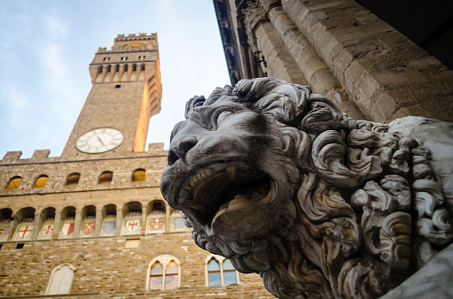 A lion statue at the Loggia dei Lanzi in Piazza della Signoria, Florence (Tuscany, Italy). On the background the Palazzo Vecchio's ancient tower by night.