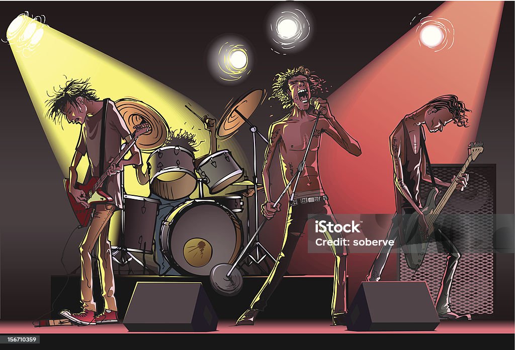 Cartoon of a rock band on stage Punk-rock-indie band on stage. Each character on its own layer. High resolution JPG included. Performance Group stock vector