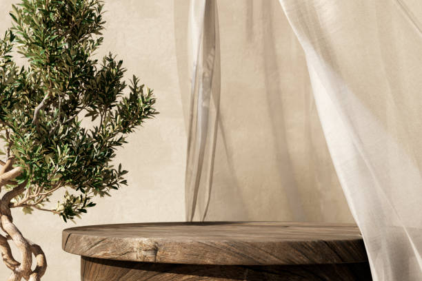 istock Outdoor tropical summer scene with rustic vintage countertop display and olive tree. 1567104731