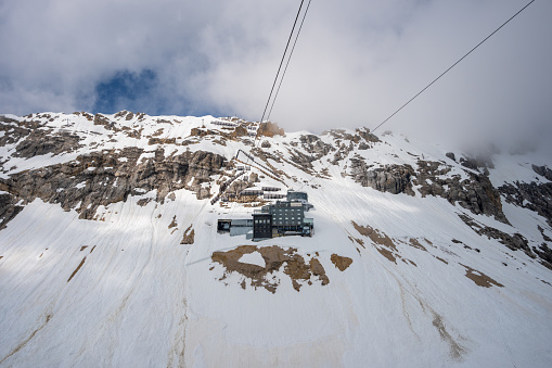 Overlooking the snow-covered ski facilities from the cable car. The Zugspitze belongs to the Alps and is the highest mountain in Germany.