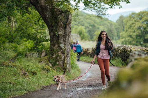 A wide angle view of a young teenage girl who is on holiday in Keswick in the Lake District. She is walking the family dog near the campsite that she is staying at with her family. She looks cheerful and is enjoying some mindful moments to herself.