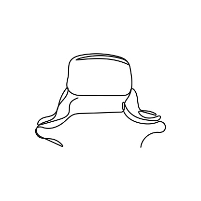 Trapper hat in continuous one line art style. Winter hat with ear flaps. Vector hand drawn black illustration isolated on white background.