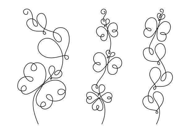 Print Butterflies, hearts, flowers, four leaf clover and vines stylized as a vertical border. Nice design element for Valentines card, invitation, wedding decoration or other use. Vector illustration. Set. simple butterfly outline pictures stock illustrations