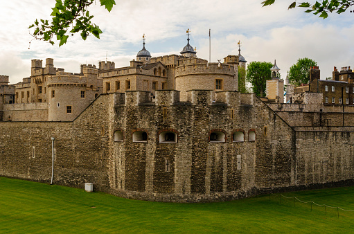 Daytime view of the Tower of London on the river Thames (England).