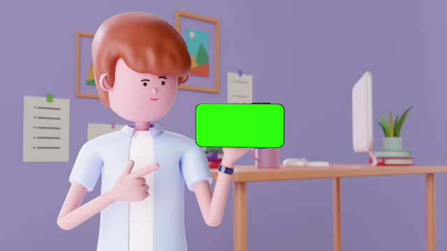 3d animation cartoon holding moblie phone green screen. Add Presentation, advertising Promotion.