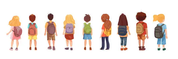 Vector illustration of Back view children with backpacks.