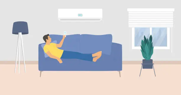 Vector illustration of Young Man Lying Down On Couch And Turning On Air Conditioner With Remote Controller