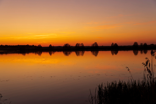 beautiful orange-yellow sunset on the lake in spring, the sun illuminates the lake with yellow-orange color at sunset