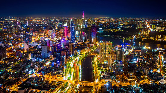 Aerial view of Ho chi minh city or Saigon city at night in Vietnam.