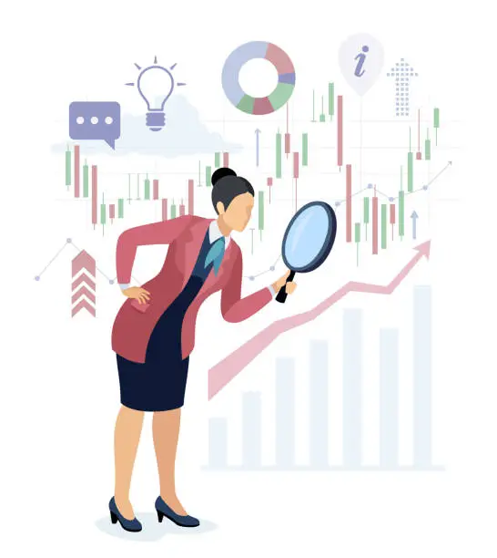 Vector illustration of Businesswoman Character. Trader with Magnifying Glass. Financial analyst.