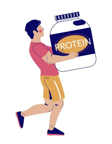 Athletic muscular sportsman carrying huge protein powder jar Athletic muscular sportsman character carrying huge protein powder jar pack flat cartoon vector illustration isolated on white background. Sports nutrition and supplement for fitness people protein powder bottle stock illustrations