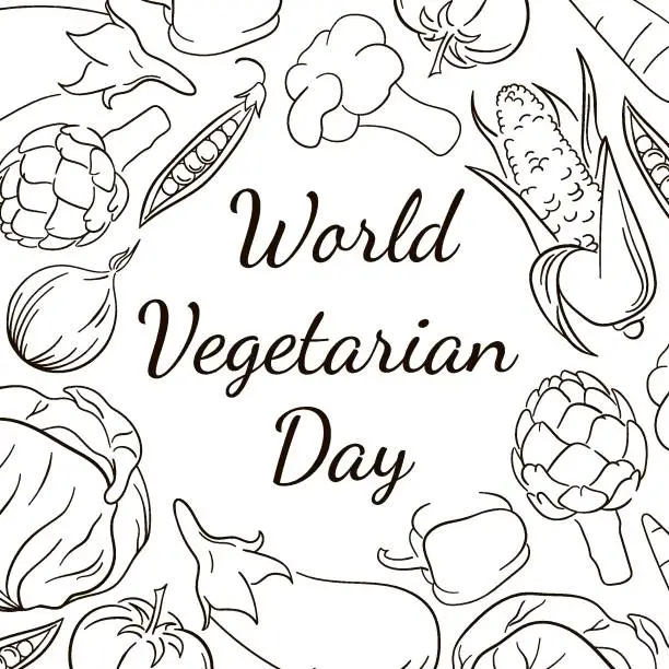 Vector illustration of World Vegetarian Day frame in line art style. Vegetables round composition with natural healthy food. Hand drawn vector illustration.