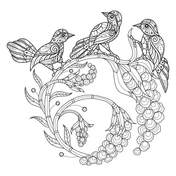 Vector illustration of Flowers and three birds hand drawn for adult coloring book