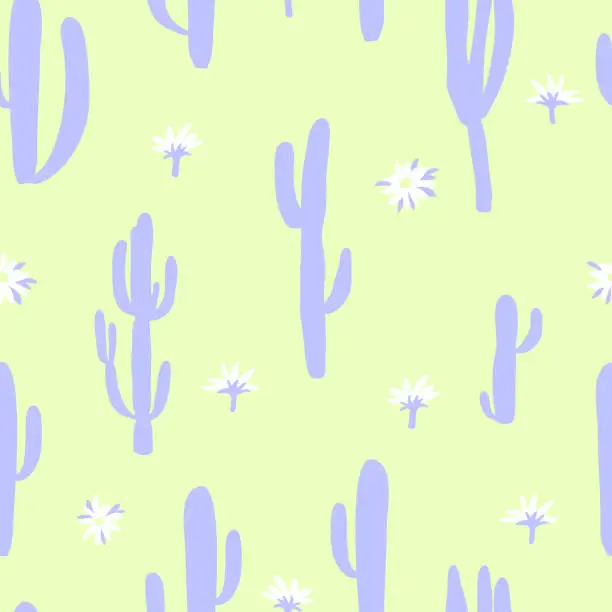 Vector illustration of Seamless pattern with cactus silhouettes and flowers