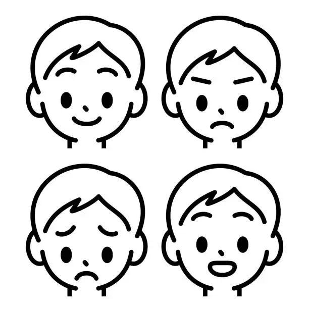 Vector illustration of Cute facial expression icon of a boy, minimalist style, black and white outline