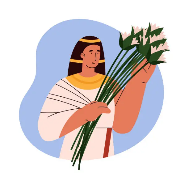 Vector illustration of Vector portrait of beautiful Egyptian woman with flowers wearing authentic garment and necklace, Egyptian people culture
