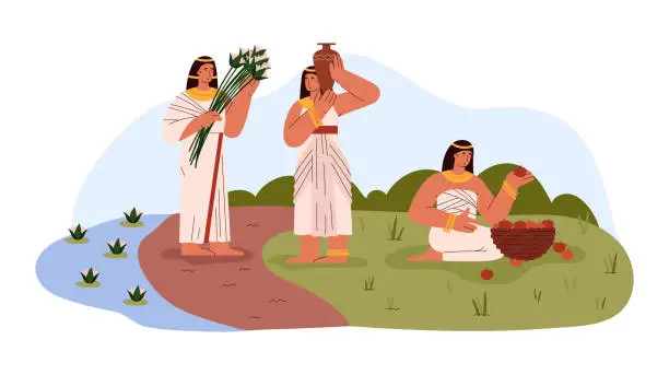 Vector illustration of Vector illustration authentic old Egypt landscape with Egyptian women with lotuses, apples and a jug in white dresses