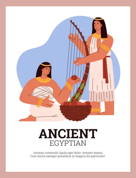 Vector illustration of Ancient egyptian woman in national white dresses and gold jewelry with red apple, musician plays the harp, vector poster