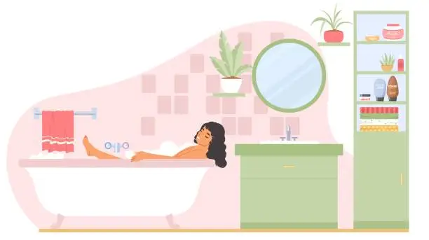 Vector illustration of Young woman relaxing in bath after hard working day