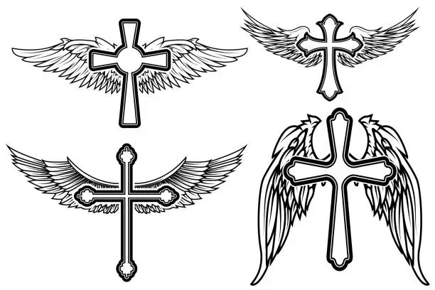 Vector illustration of Set of the vector cross and wings.  Tattoo  design elements.