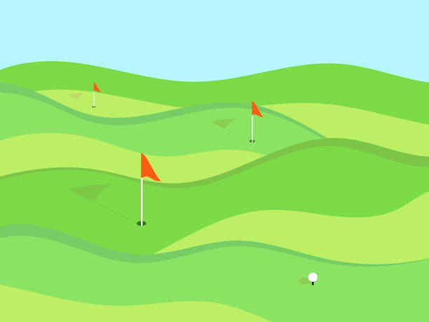 поле для гольфа. волнистый зеленый луг в стиле минимализм. поле для гольфа с лунками и красными флагами. пейзаж с зелеными полями. дизайн для - golf ball golf curve banner stock illustrations