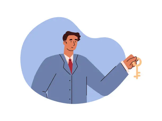 Vector illustration of Vector isolated man real estate agent holds out the keys, successful deal in service for the sale, rent, loan, mortgage of housing