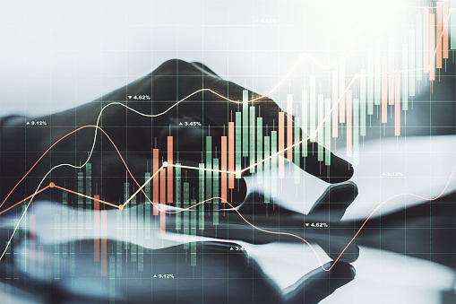 Double exposure of abstract creative financial diagram with finger clicks on a digital tablet on background, banking and accounting concept