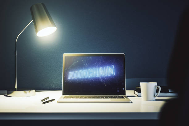 istock Creative abstract blockchain technology sketch on modern laptop monitor, future technology and blockchain concept. 3D Rendering 1567223319