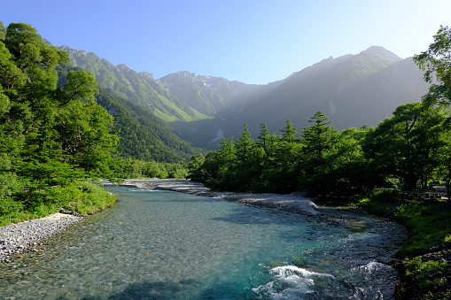 Hotaka mountain range in summer, Mt. Myojin and Azusa river, view from Kappa bridge, Kamikochi July