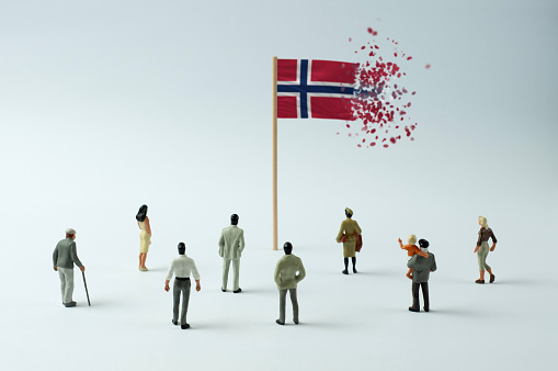 Norwegian flag disintegrating (the concept of economic crisis, pandemic, internal opposition, terrorism, refugees, etc.)