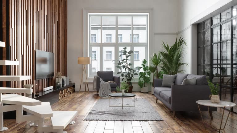 Modern Living Room With Sofa, Armchair, Television Set, Potted Plants And Staircase