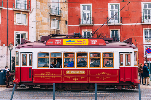 Lisbon, Portugal â 31 January, 2019 - Old traditional tram in the city of Lisbon, Portugal.