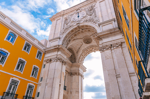 Lisbon, Portugal â 31 January, 2019. The famous arch in Praca do Comercio, Lisbon, Portugal