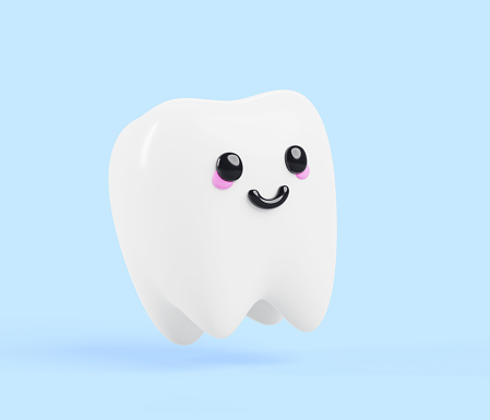 Teeth cartoon kawaii character with smiling face 3d render icon. Healthy clean dental personage, cute happy tooth isolated on blue background. Oral hygiene and dentistry, health care