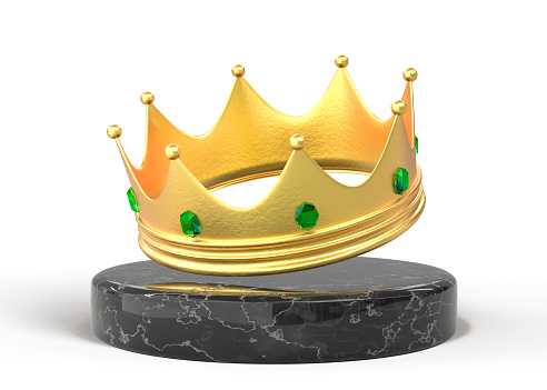 Golden crown for king, queen or monarch on black marble stone podium 3d render. Medieval royal corona with gems and diamond, museum exhibit, isolated display antique jeweled headdress. 3D illustration