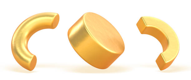istock Abstract geometric gold 3d shapes render objects. Golden cylinder and half torus elements isolated on white background. Creative trendy geometry figures icons. Minimal basic pipe set 1567271286
