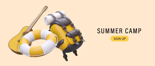 Vector illustration of Summer camp for tourists. 3D backpack, guitar, lifebuoy. Fun and safe outdoor recreation