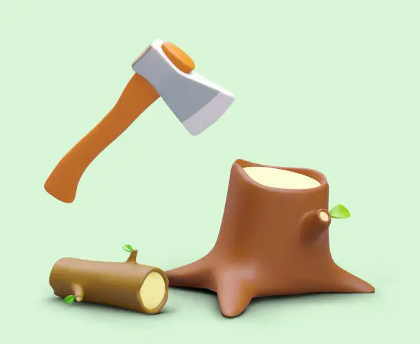 Vector illustration of 3D vector ax, stump, log. Chopping firewood for camping