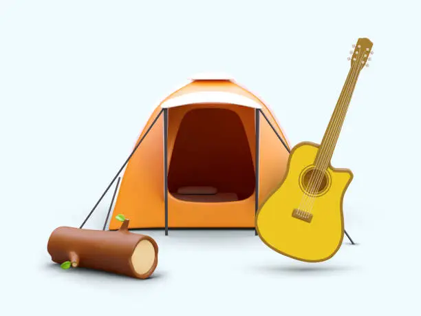 Vector illustration of Realistic open tent, guitar, trunk with green leaves. Advantages of tourist recreation